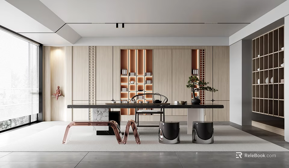 Modern Tea Room Interior Design With Wooden Cabinets Bookshelves Long Table And Potted Plant 3d model 