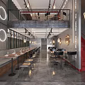 Modern Restaurant Interior Design With Round Mirrors Hanging Pendant Lights Bar Counter And Dining Seats
