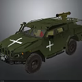 Green Off Road Military Vehicle With White Crosses And Roof Medical Equipment