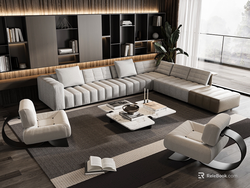 Modern Light Gray L Shaped Sofa Coffee Table Set With White Armchairs In Living Room 3d model 