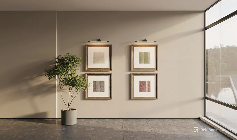 Framed Abstract Paintings On Wall With Green Plant In Bright Interior 3d model 