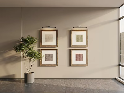 Framed Abstract Paintings On Wall With Green Plant In Bright Interior 3d model