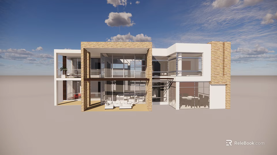 Modern Detached Villa Exterior With Large Glass Windows Brick White Wall Facade And Outdoor Seating 3d model 