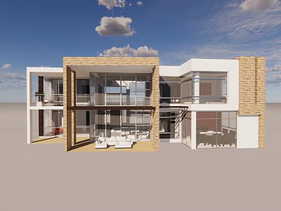 Modern Detached Villa Exterior With Large Glass Windows Brick White Wall Facade And Outdoor Seating 3d model