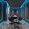 Elegant Billiard Room With Two Tables Blue Striped Carpet And Golden Bar Counter