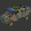 Camouflage Painted Military Vehicle With Armored Body And Roof Mounted Antenna