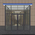 Modern Glass Double Doors With Gray Frame and Blue Canopy Against Light Wall