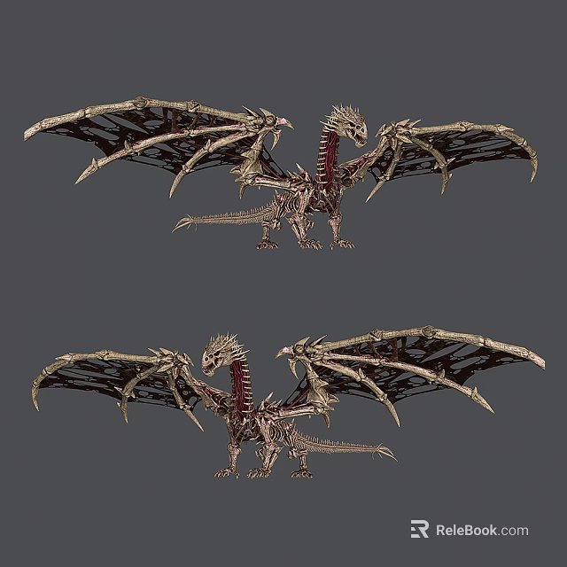 Two Mythical Skeletal Dragons With Intricate Wing Structures And Spiked Bodies 3d model 
