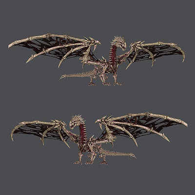 Two Mythical Skeletal Dragons With Intricate Wing Structures And Spiked Bodies 3d model