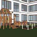 Outdoor Kids Play Area With Wooden Playhouse Slide Climbing Structure And Grass Lawn