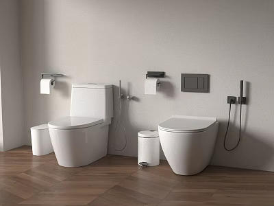 Two White Toilets With Toilet Paper Holders Trash Cans Brush On Wooden Floor Light Wall 3d model