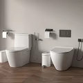Two White Toilets With Toilet Paper Holders Trash Cans Brush On Wooden Floor Light Wall