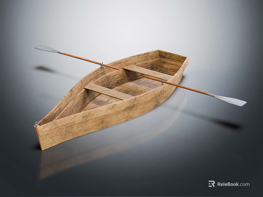 Classic Handcrafted Wooden Rowboat With Oar Seats On Smooth Reflective Surface 3d model 