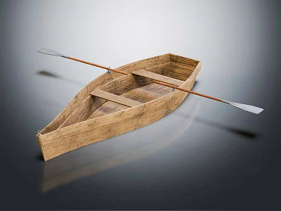Classic Handcrafted Wooden Rowboat With Oar Seats On Smooth Reflective Surface 3d model