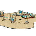 Outdoor Playground Equipment With Wooden Slides Swings Blue Climbing Frames And Sand Ground