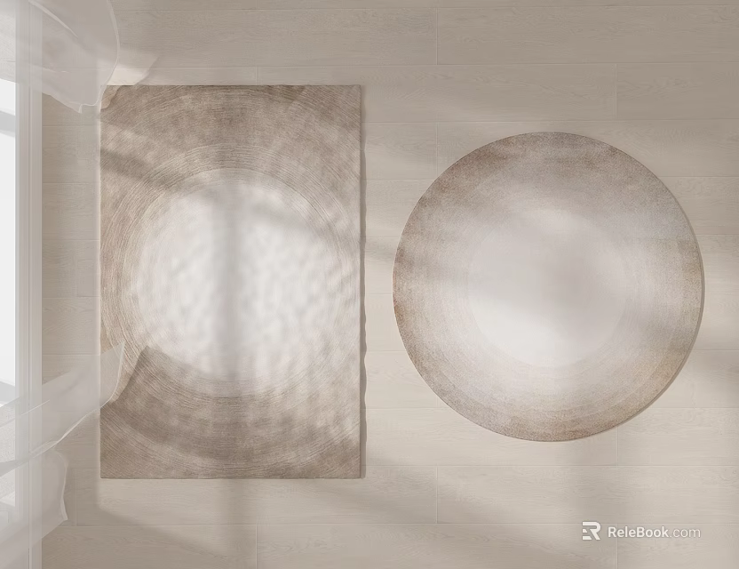 Square And Round Neutral Beige Brown Rugs With Soft Gradient Circular Pattern On Wooden Floor 3d model 