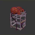 Red Cylindrical Object Mounted On Wooden Stand With Metal Binding Straps