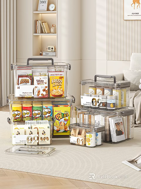 Organized Household Supplies Storage With Clear Plastic Containers Holding Food Packages And Small Items 3d model 