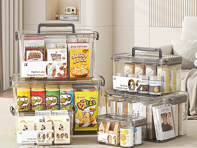 Organized Household Supplies Storage With Clear Plastic Containers Holding Food Packages And Small Items 3d model