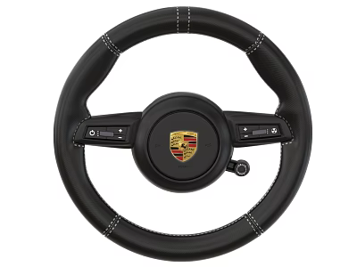 Premium Black Leather Porsche Steering Wheel With White Stitching Control Buttons And Logo 3d model