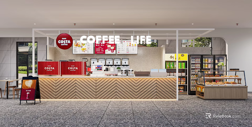 Modern Bubble Tea Shop Interior With Red Signage Counter Menu Board And Drinks Shelves 3d model 