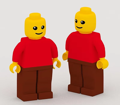 Two Lego dolls with yellow heads red shirts brown pants and smiling faces 3d model Two Lego dolls with yellow heads red shirts brown pants and smiling faces 3d model