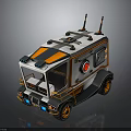 Futuristic Sci Fi Vehicle With Orange Gray Accents Top Antennas Round Windows And Unique Wheels