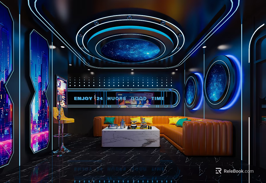 Modern KTV Interior Design With Neon Lighting Starry Ceiling And Brown Leather Sofa 3d model 