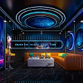Modern KTV Interior Design With Neon Lighting Starry Ceiling And Brown Leather Sofa