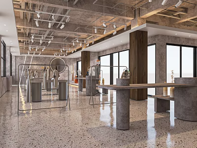 Modern Industrial Clothing Store Interior With Hanging Lights Display Tables And Spacious Layout 3d model