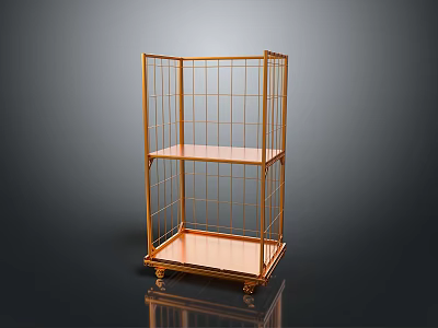 Stylish Golden Metal Grid Cart With Wheels And Two Shelves For Storage 3d model