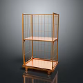 Stylish Golden Metal Grid Cart With Wheels And Two Shelves For Storage