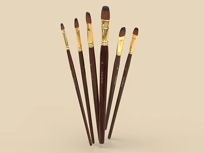 Professional Art Paintbrushes With Dark Wooden Handles Golden Ferrules And Various Tips 3d model