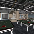 Modern Billiard Room Interior With Multiple Green Felt Tables Stylish Hanging Lights Spacious Layout 3d model