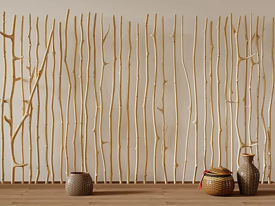 Natural Wooden Fence With Branch Design And Decorative Pottery Vases For Interior Decor 3d model