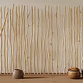 Natural Wooden Fence With Branch Design And Decorative Pottery Vases For Interior Decor