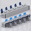 Row of Modern Office Desks with Multiple Computer Monitors and Ergonomic Chairs