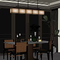 Modern Restaurant Interior With Pendant Light Marble Table Chairs Vertical Slats Fruits Plants And Vases