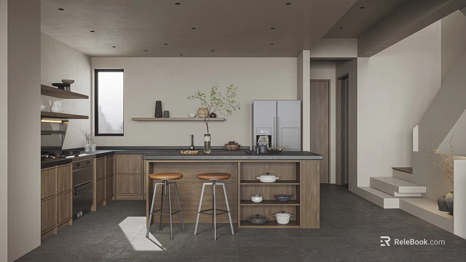 Modern Open Dining Kitchen With Island Counter Bar Stools Cabinets And Refrigerator 3d model 