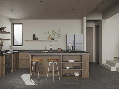 Modern Open Dining Kitchen With Island Counter Bar Stools Cabinets And Refrigerator 3d model