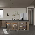 Modern Open Dining Kitchen With Island Counter Bar Stools Cabinets And Refrigerator
