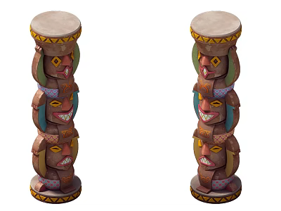 Two Colorful Traditional Totem Poles With Carved Human Faces And Ornate Tops 3d model