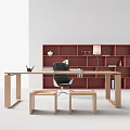 Modern Wooden Desk With Black Chair Red Bookshelf Stools Table Lamp And Decorative Items