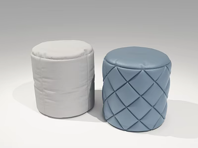 Two Modern Ottoman Poufs White Fabric And Blue Leather With Diamond Stitching Design 3d model