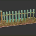 Wooden Fence Design with Vertical Slats Horizontal Rails and Brown Base with Green Yellow Specks