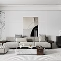 Modern Sofa And Coffee Table Set With Neutral Upholstery Marble Top And Abstract Wall Art 3d model