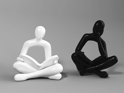 Black and White Human Figure Decorative Ornament Set with Reading and Contemplating Poses 3d model