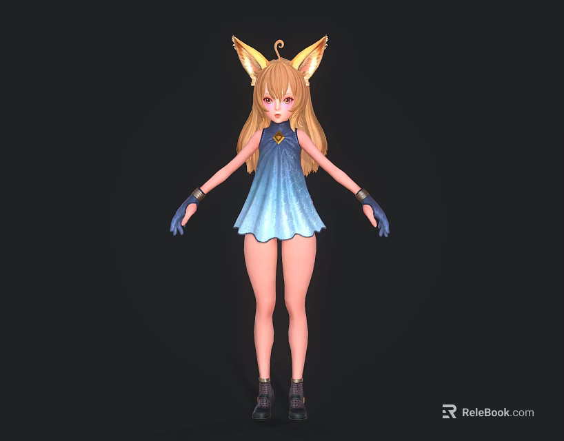 Game Movie Character With Blonde Long Hair Fox Ears Blue Dress And Black Shoes 3d model 
