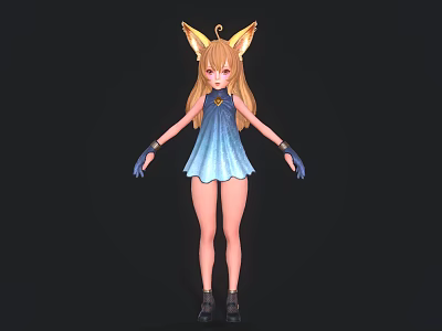Game Movie Character With Blonde Long Hair Fox Ears Blue Dress And Black Shoes 3d model