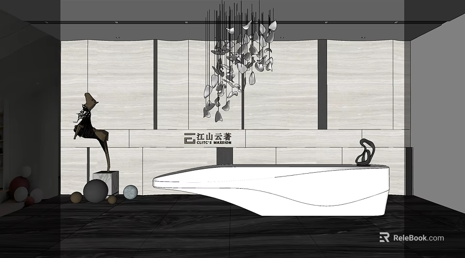 Modern Front Desk Reception Interior With Curved White Desk Hanging Sculptural Chandelier And Decorative Sculptures 3d model 